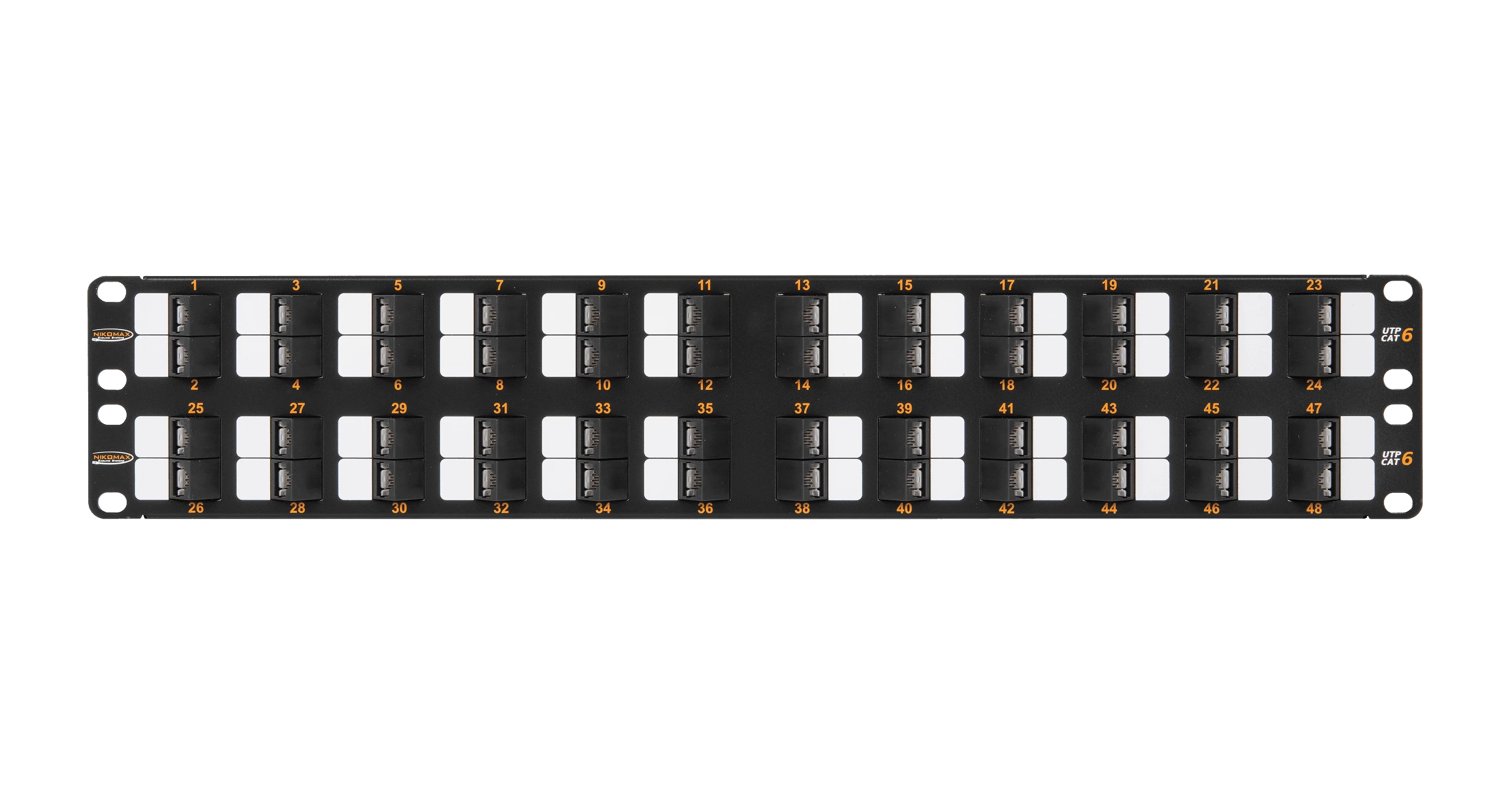 Коммутационная панель NIKOMAX 19", 2U, 48 угловых портов, Кат.6 (Класс E), 250МГц, RJ45/8P8C, 110/KRONE, T568A/B, неэкранированная, с органайзером, черная - гарантия: 5 лет расширенная / 25 лет системная