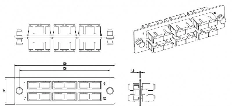 Панель для FO-19BX с 6 SC (duplex) адаптерами, 12 волокон, многомод OM2, 120x32 мм, адаптеры цвета бежевый (beige) Hyperline