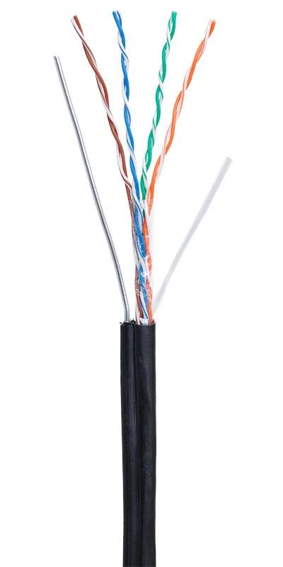 Кабель NETLAN U/UTP 4 пары, Кат.5e (Класс D), 100МГц, одножильный, BC (чистая медь), внешний, PE до -40C, с одножильным тросом, черный, 305м