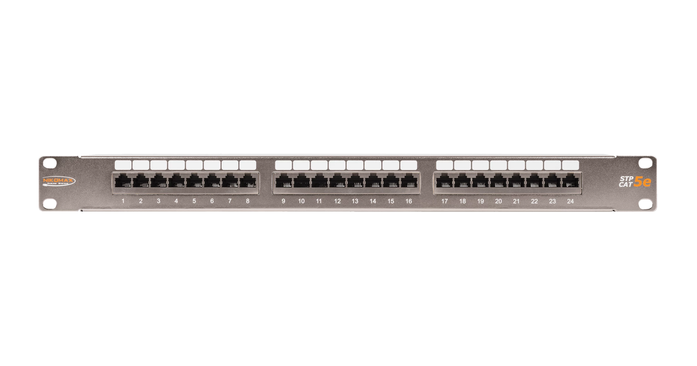 Коммутационная панель NIKOMAX 19", 1U, 24 порта, Кат.5e (Класс D), 100МГц, RJ45/8P8C, 110/KRONE, T568A/B, полный экран, с органайзером, металлик - гарантия: 5 лет расширенная / 25 лет системная