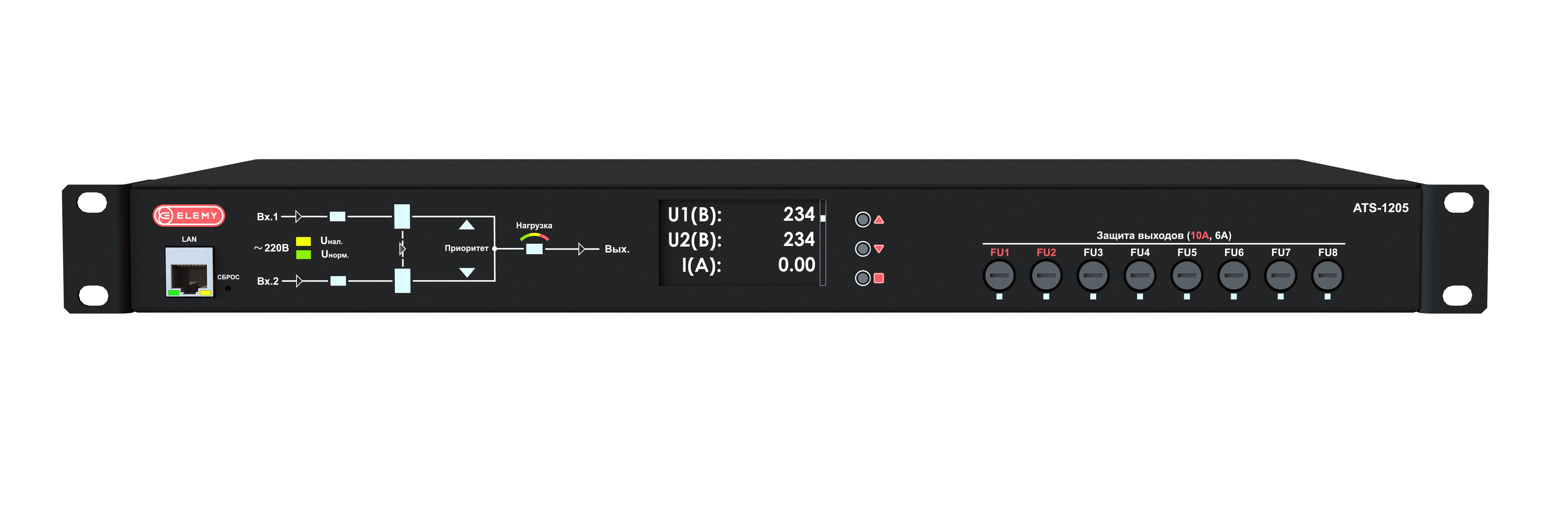 Устройство автоматического ввода резерва ATS-1205/16: 1U, 230V, 16А, in (2) C20, out (2) C19 (6) C13