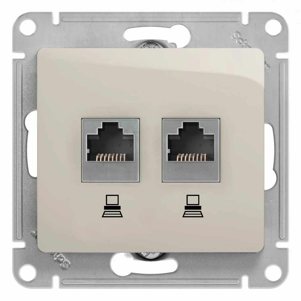 Двойная компьютерная розетка GLOSSA RJ45+RJ45, кат.5E, механизм, молочный